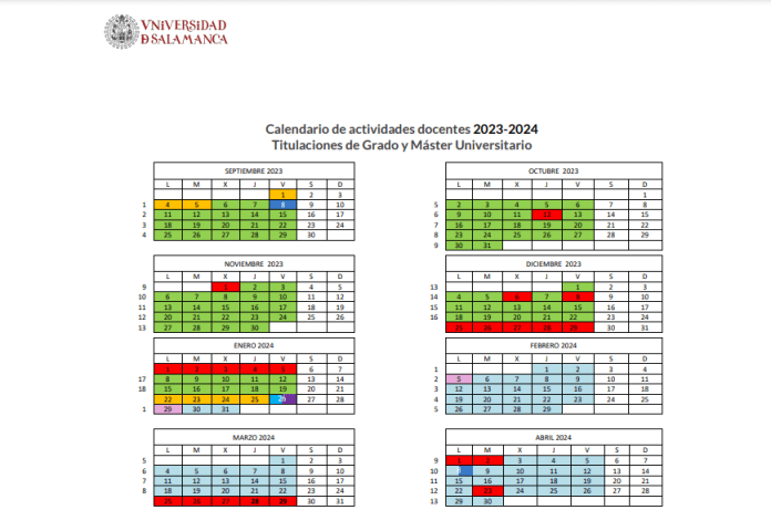 Calendario Universidad de Salamanca 2023 2024